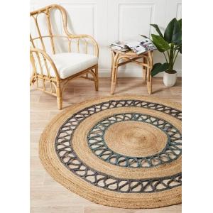 Alison Round Lilo Blue Alfombra orgánica de yute natural Alfombra redonda Alfombra trenzada india Alfombra tejida a mano india