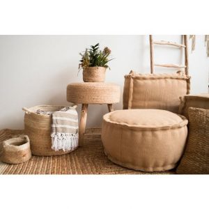 Puff decorativo fibras vegetales cuadrado Cerdeña beige 60x25x60cm